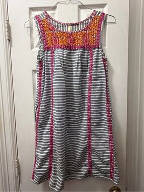 Uncle Frank Blue & White Striped Sleeveless Dress with Pink & Orange Embroidery